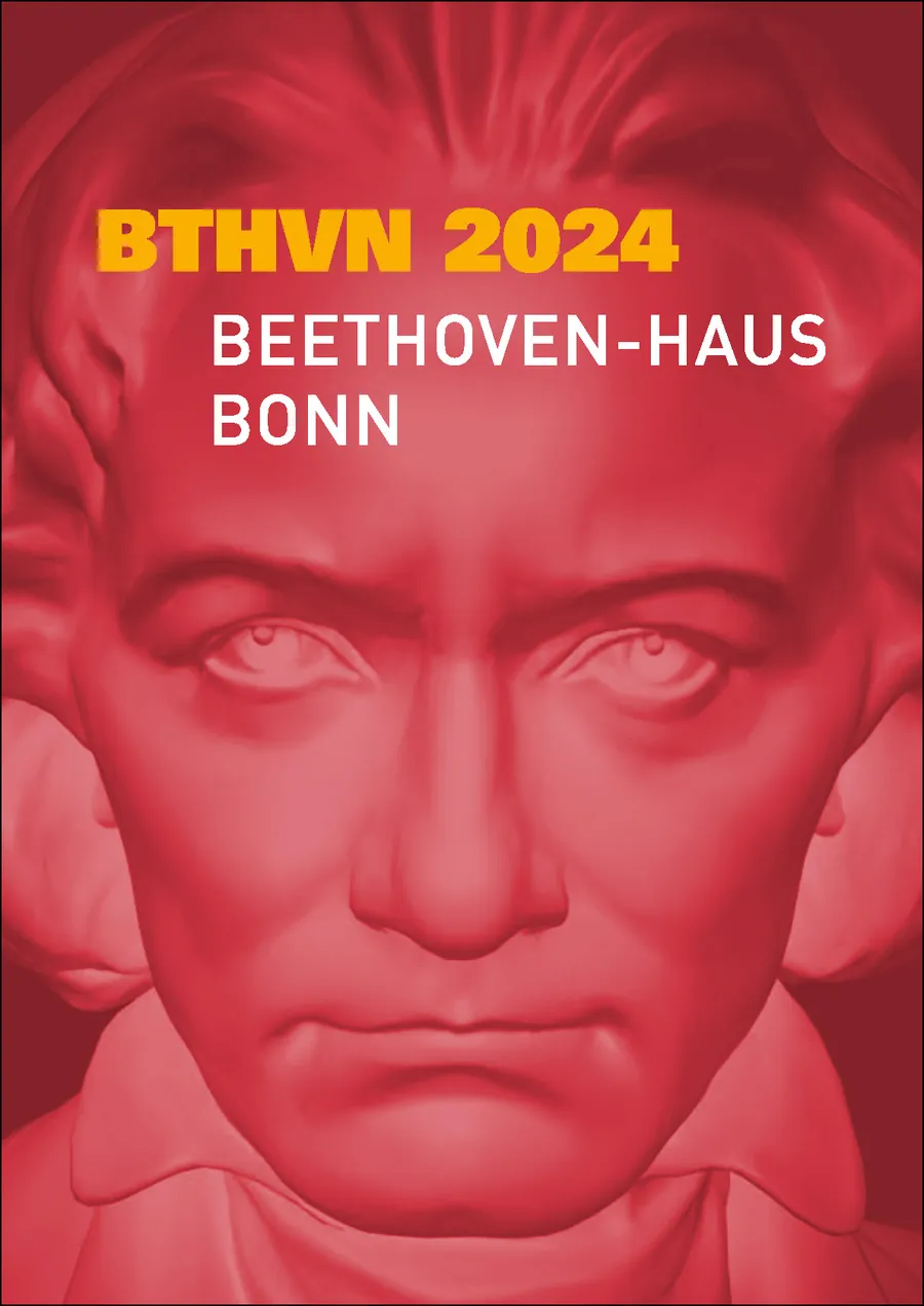 Poster for the anniversary of the Ninth Symphony with large Beethoven head en face, all in red, in the upper part lettering BTHVN 2024 Beethoven-Haus Bonn