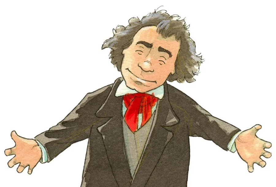 The Beethoven drawn for 'Hello Beethoven' with a red scarf spreads his arms as a welcoming gesture.