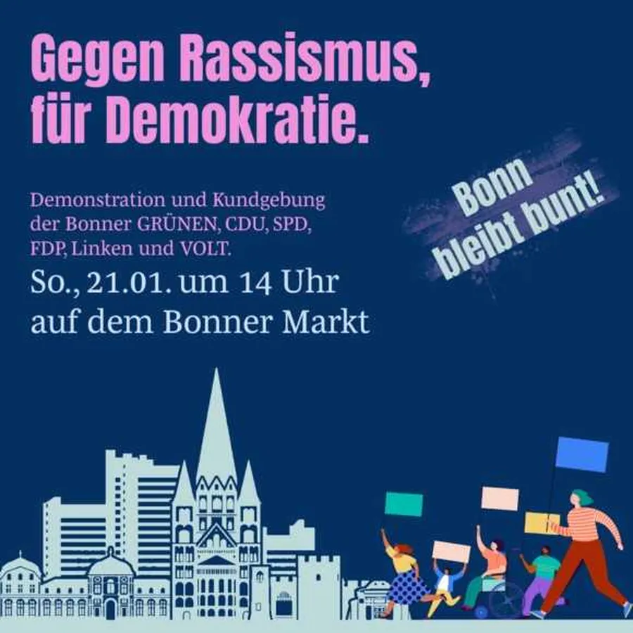 Plakat zur Demonstration und Kundgebung am 21.1.2024 in Bonn: "Gegen Rassismus, für Demokratie" und "Bonn bleibt bunt".